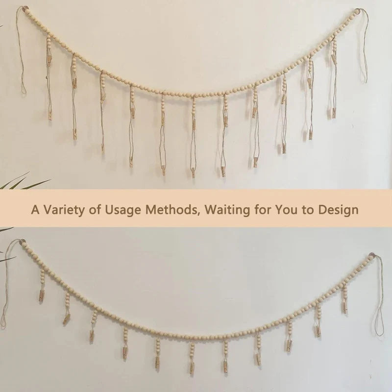 Wooden Bead Garland Photo Display Wall Decor by Axyaa