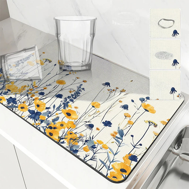 Axyaa Spring Flowers Kitchen Mat Absorbent Antiskid Quick Dry Bathroom Tableware Drain Pad