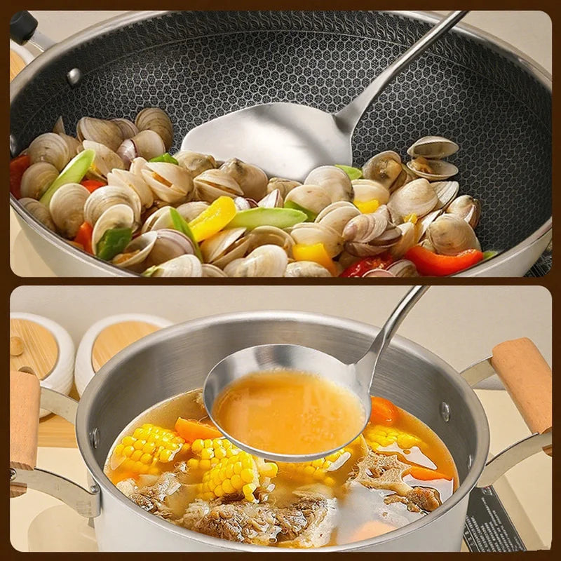 Axyaa Stainless Steel Wok Spatula Ladle Set with Wooden Handle