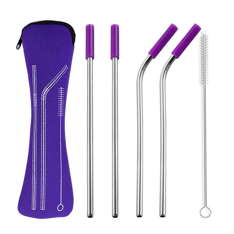 Axyaa Stainless Steel Reusable Straw Set with Cleaning Brush and Cover