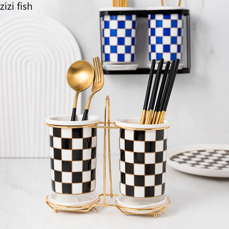 Axya Checkerboard Ceramic Chopsticks Holder Rack Wall-mounted Shelf