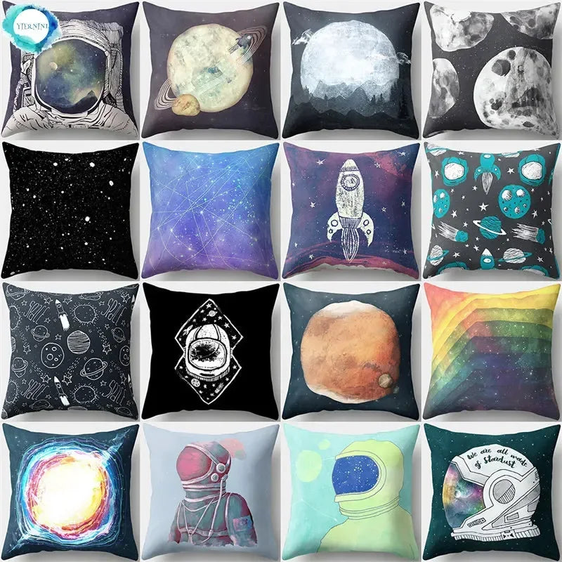 Axyaa Cartoon Star Astronaut Pillow Cover 45x45cm - Cute Moon Rocket Design.