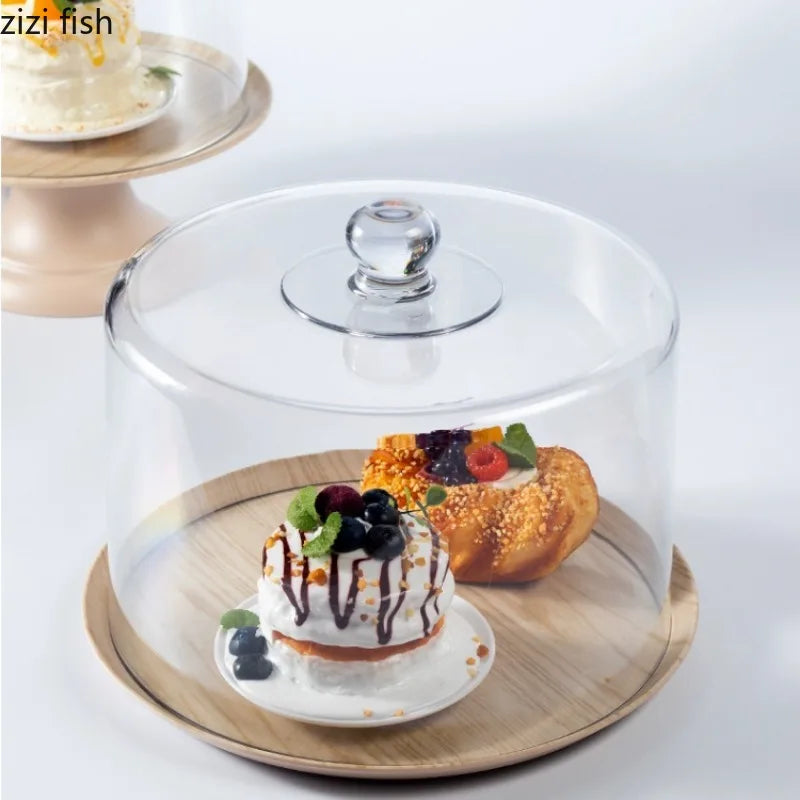 Axya Acrylic Cake Stand with Melamine Tray and Wooden Base for Desserts Display