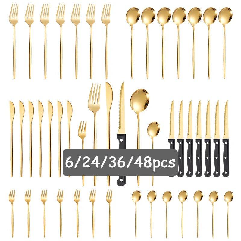 Axyaa Luxe Gold Stainless Steel Cutlery Set with Knife and Fork - Set of 48