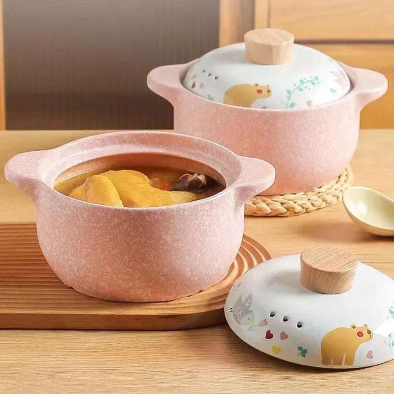 Axya Ceramic Casserole Korean Cartoon Soup Pot Cute Pink Cookware Utensils for Home Kitchen