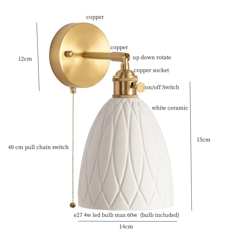 Axyaa Ceramic LED Wall Sconce with Pull Chain for Home Decor