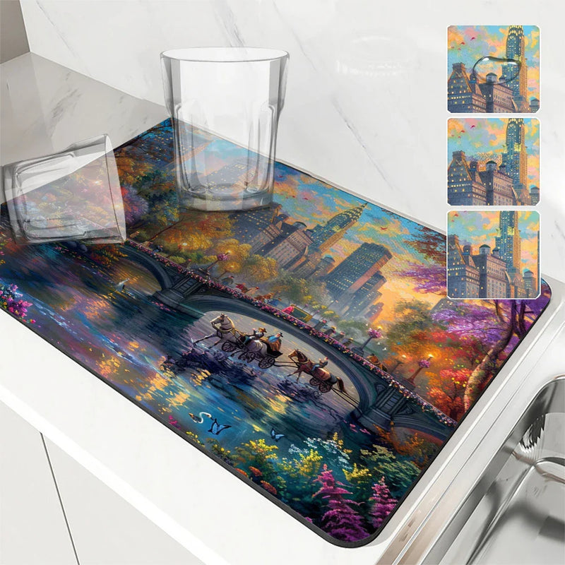 Axyaa Cityscape Absorbent Kitchen Mat - Antiskid & Quick Dry Dish Drying Pad