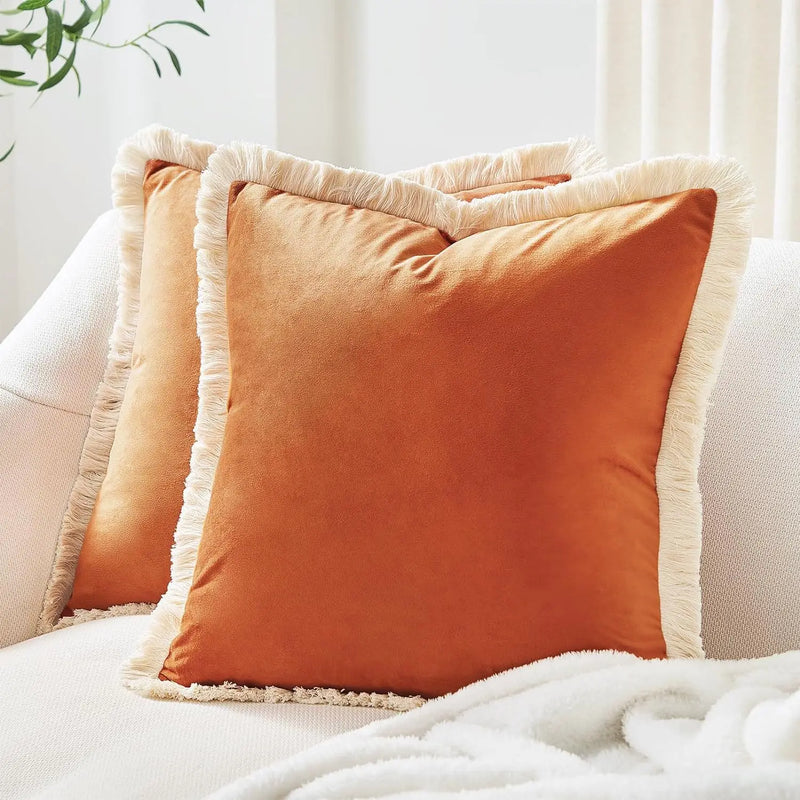 Axyaa Velvet Decorative Pillow Cover with Tassels - Orange/Ivory/Green - 18x18/20x20/24x24