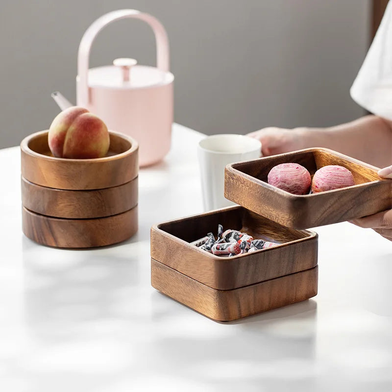 Axya Walnut Plate Square Tray Set Dishtableware Dessert Stackable Bowl