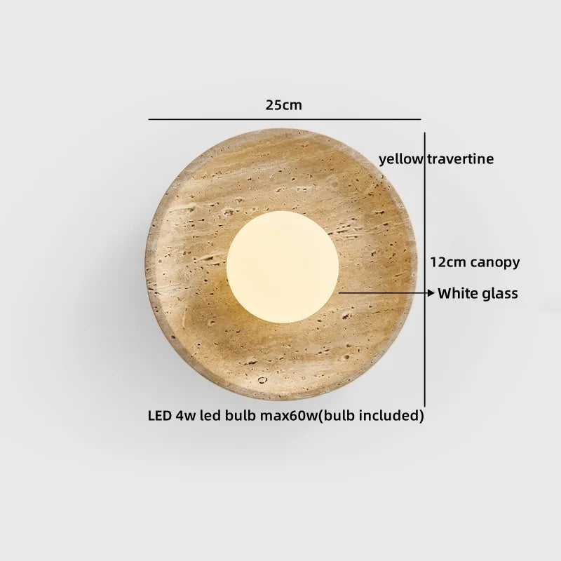 Axyaa Stone Clock LED Wall Light Yellow Travertine Wooden Pointer for Living Room
