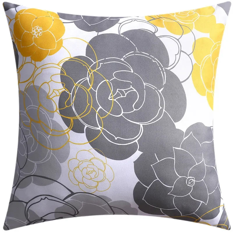 Yellow Grey Flower Pillowcase 45cm Double-Sided Print Cover for Home Decor by Axyaa