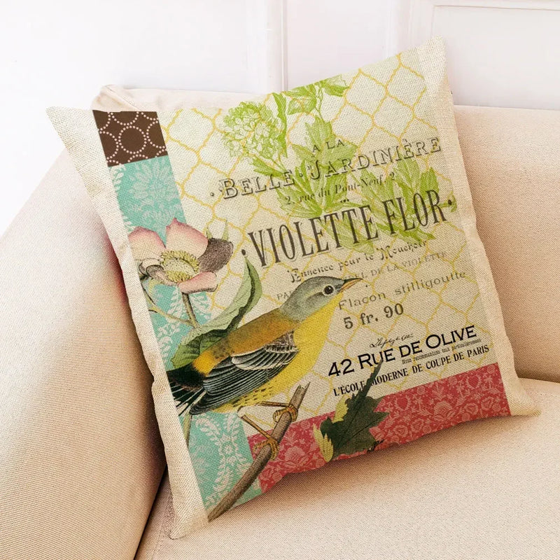Axyaa Retro Flower Bird Linen Pillowcase Car Seat Cushion Cover Living Room Sofa