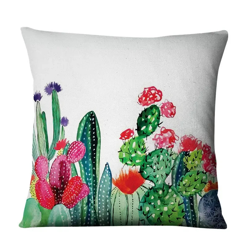 Luxurious Axyaa Succulent Cactus Flower Printed Linen Throw Pillow Case