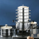 Axyaa Stainless Steel Bamboo Steamer Set - Round Drawer, Handle, Grid, Bamboo Lid