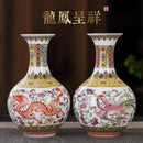 Axyaa Dragon & Phoenix Ceramic Vase, Pink, Large Caliber, Retro Chinese Decor