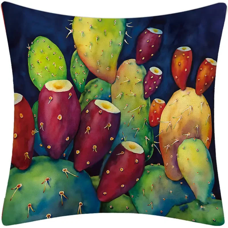 Luxurious Axyaa Succulent Cactus Flower Printed Linen Throw Pillow Case