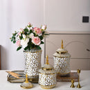 Axyaa Ceramic Storage Jar & Vase: White Gold Luxury Decor & Flower Arrangement