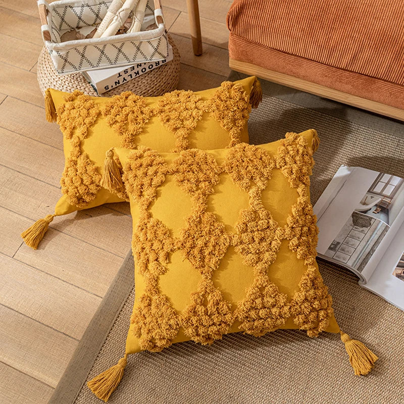 Axyaa Tufted Diamond Pattern Cushion Cover - Nordic Style Beige Yellow Tassel Pillowcase
