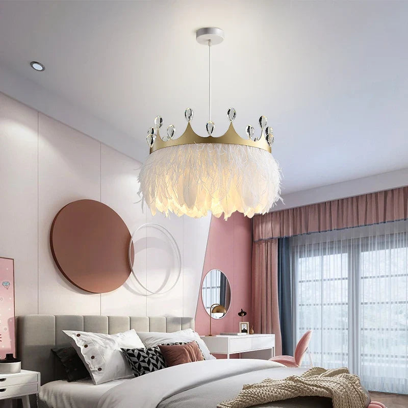 Axyaa White Feather Pendant Light with Gold Crown & Crystal Decor for Girl's Room, E27 Socket