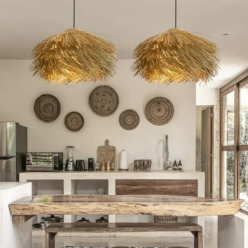 Axyaa Woven Rattan LED Chandelier, Japanese Style Hanging Lamp for Home and Restaurant Decor