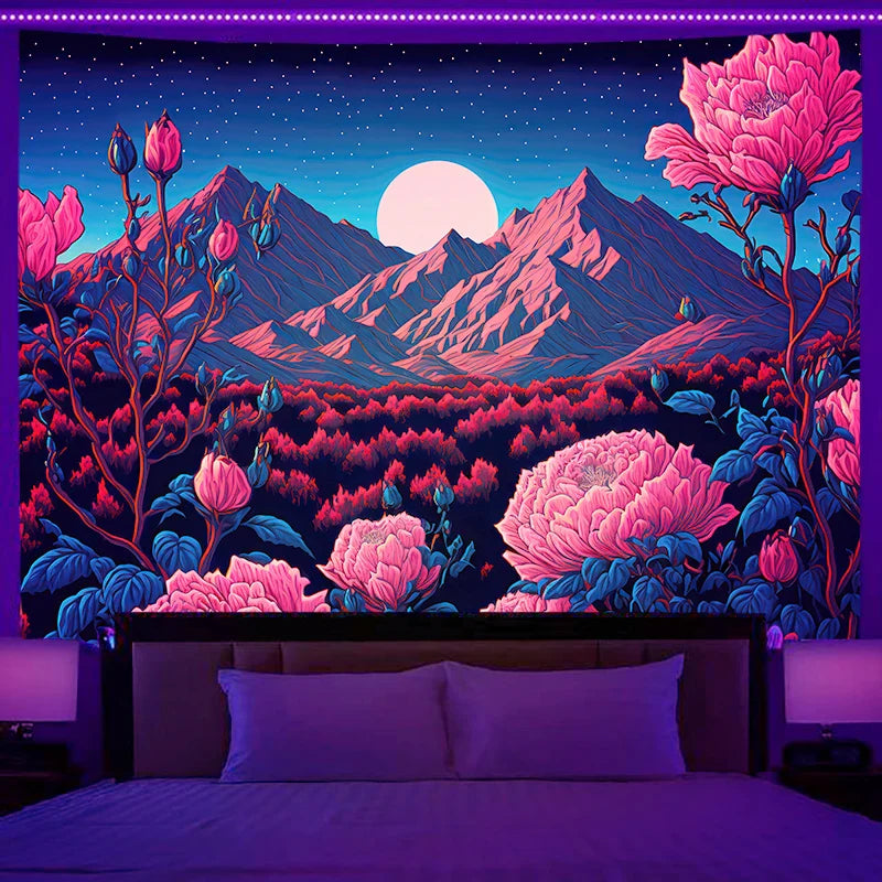 Axyaa Starry Sky Mountain Cherry Blossom Wall Hanging for Aesthetic Bedroom Decor