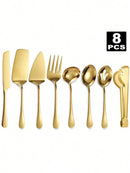 Axyaa Gold Stainless Steel Cutlery Set - 8pcs Buffet Utensils and Food Tongs