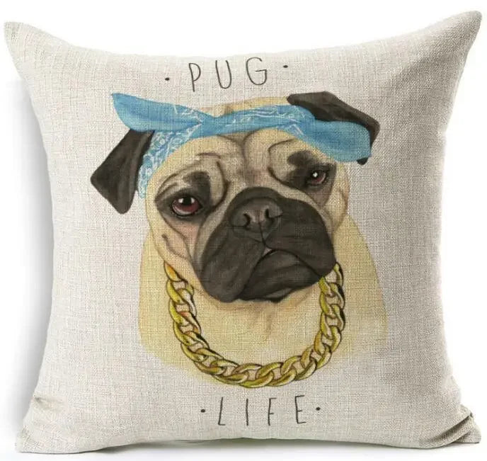 Square Linen Pug French Bulldog Pillow Cover by Axyaa