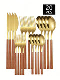 Axyaa Stainless Steel Cutlery Set with Imitation Wood Handles for Home, Hotel, Party