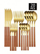 Axyaa Stainless Steel Cutlery Set with Imitation Wood Handles for Home, Hotel, Party