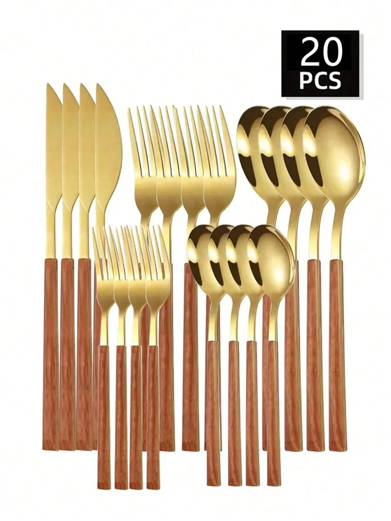 Axyaa Stainless Steel Cutlery Set with Imitation Wood Handles for Home, Hotel, Party
