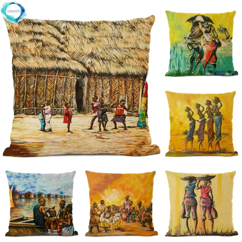 African Tribal Life Oil Painting Decorative Cushion Cover for Axyaa Branded Linen Pillowcase