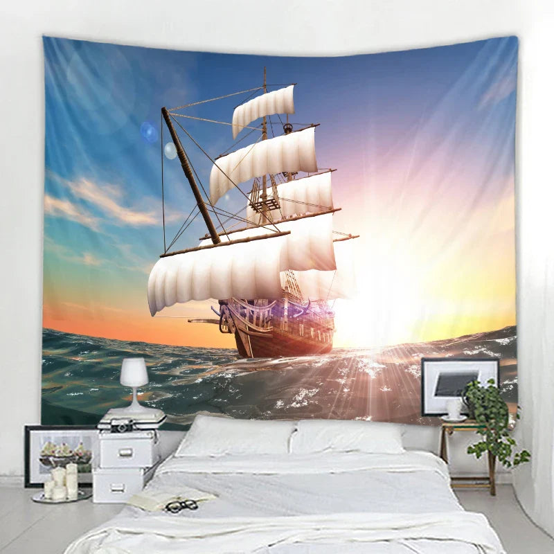 Axyaa Pirate Ship Tapestry - Sailing Seascape Decor for Boho Bedroom Aesthetics