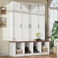 Axyaa Wide Farmhouse Hall Tree with Walnut Bench and 8-Door Shoe Cabinet