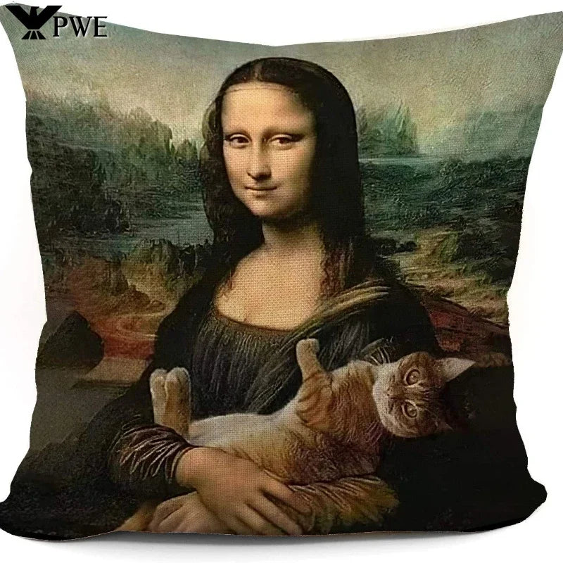 Funny Cat Mona Lisa Pillow Cover by Axyaa: Cat Lady Decor Gift for Sofa, Couch, Bed
