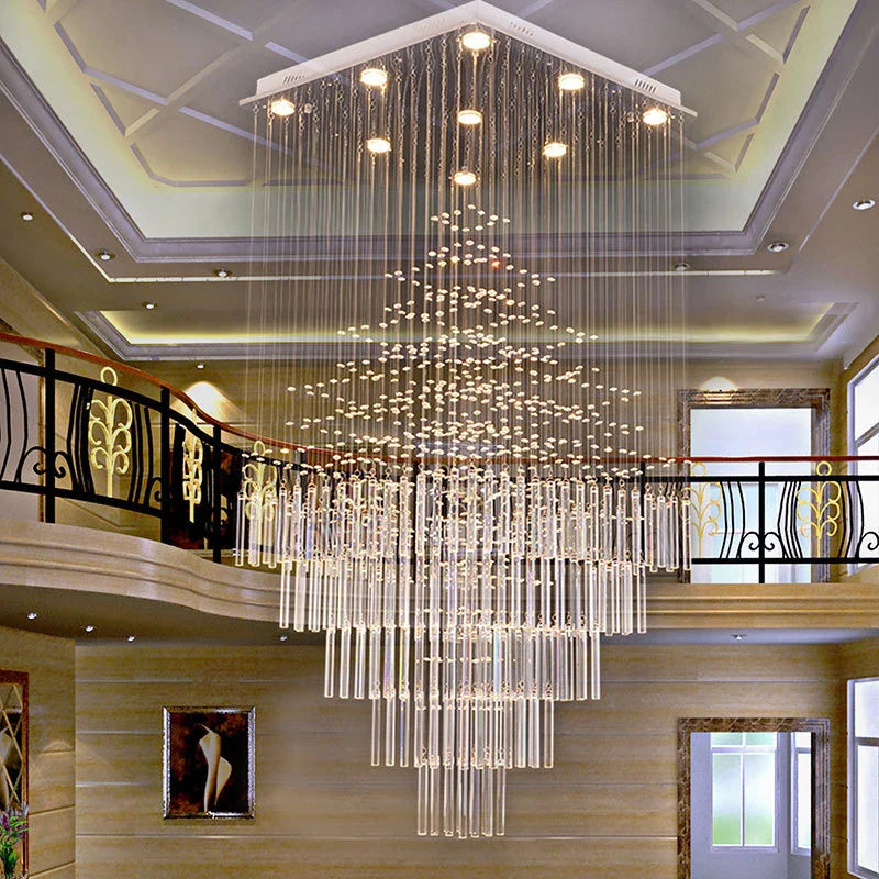 Axyaa Modern Crystal Chandelier Square Base Columnar Hanging Light for Living Room and Loft