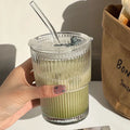 Axyaa 450ml Striped Glass Cup with Lid and Straw - Drinkware for Juice, Coffee, and Tea