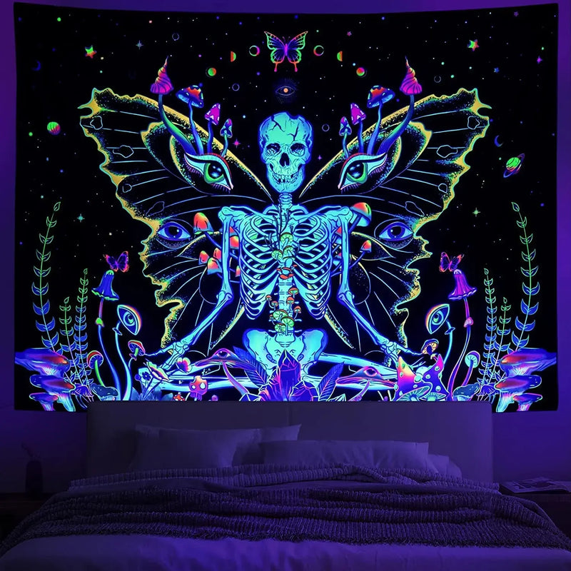 Axyaa Psychedelic UV Wall Tapestry: Skull Mushroom Witchcraft Art - Beautiful Decor