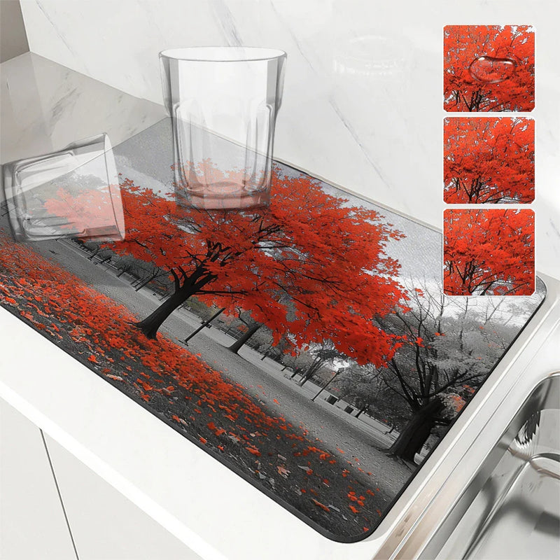Maple Park Meadow Drying Mat by Axyaa: Non-Slip Absorbent Tableware Mat