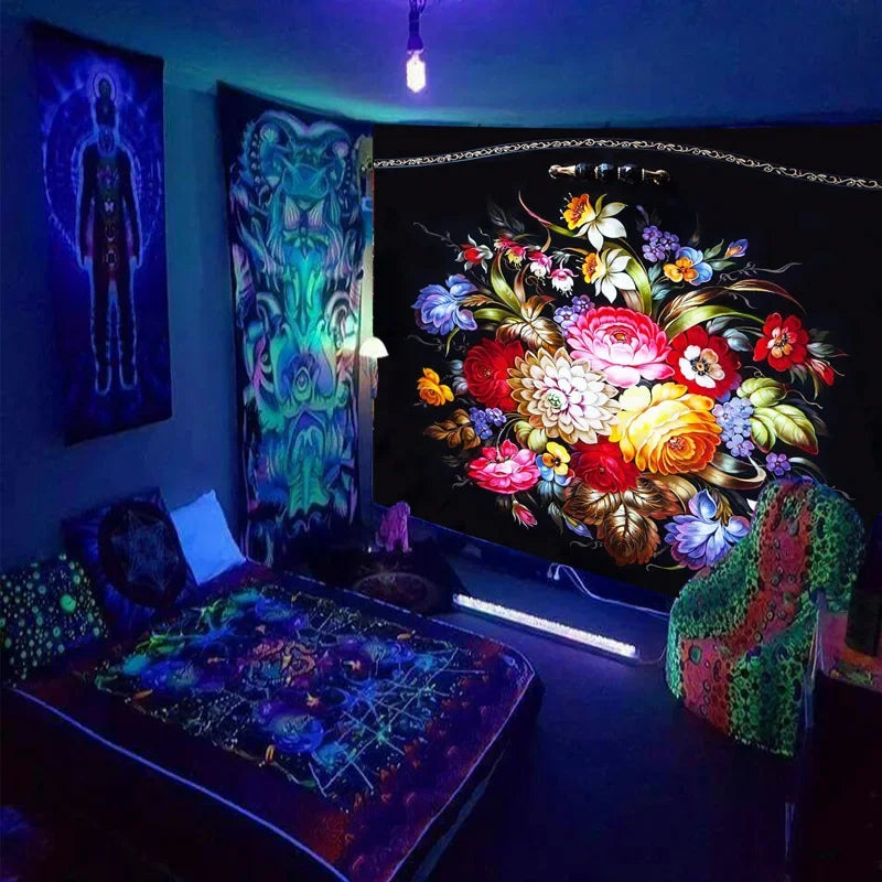 Axyaa Black Light Tapestry - UV Reactive Psychedelic World Hippie Wall Hanging