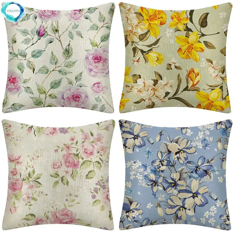 Axyaa Rose Flower Pattern Pillowcase Decorative Cotton Linen Cushion Cover