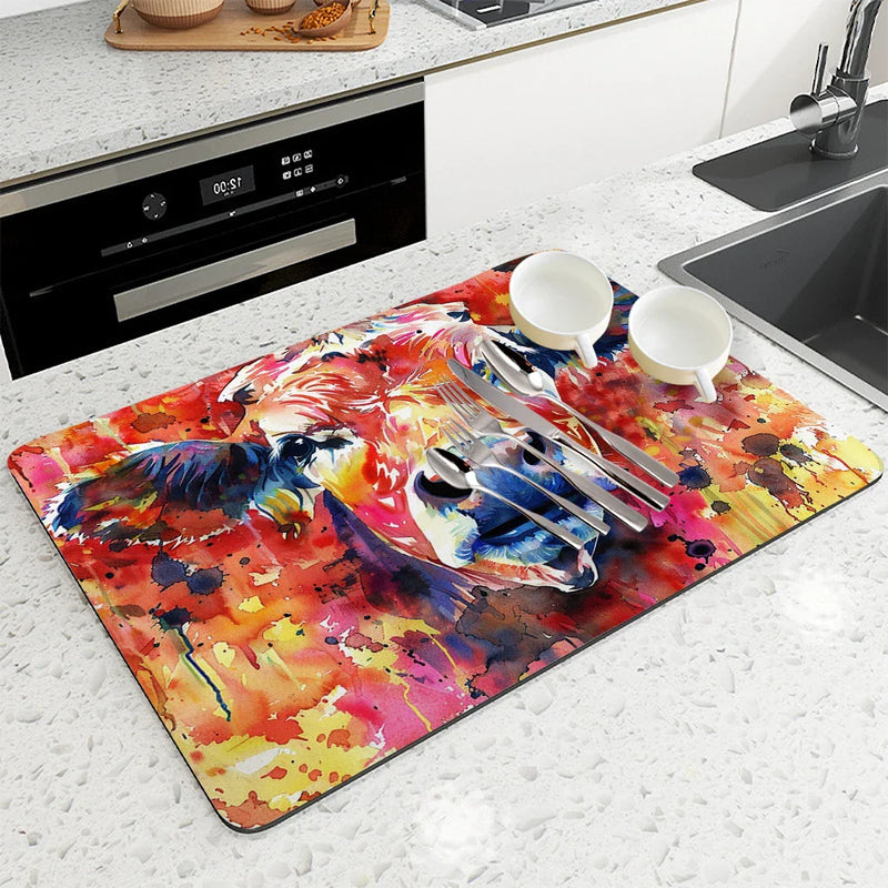 Axyaa Animal Painting Effect Kitchen Drying Mat, Non-Slip Tableware Pad