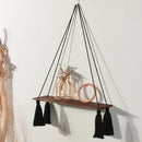 Axyaa Hanging Wall Shelves Black Wooden Shelf Candle Holder Macrame Storage Boho Home Decor