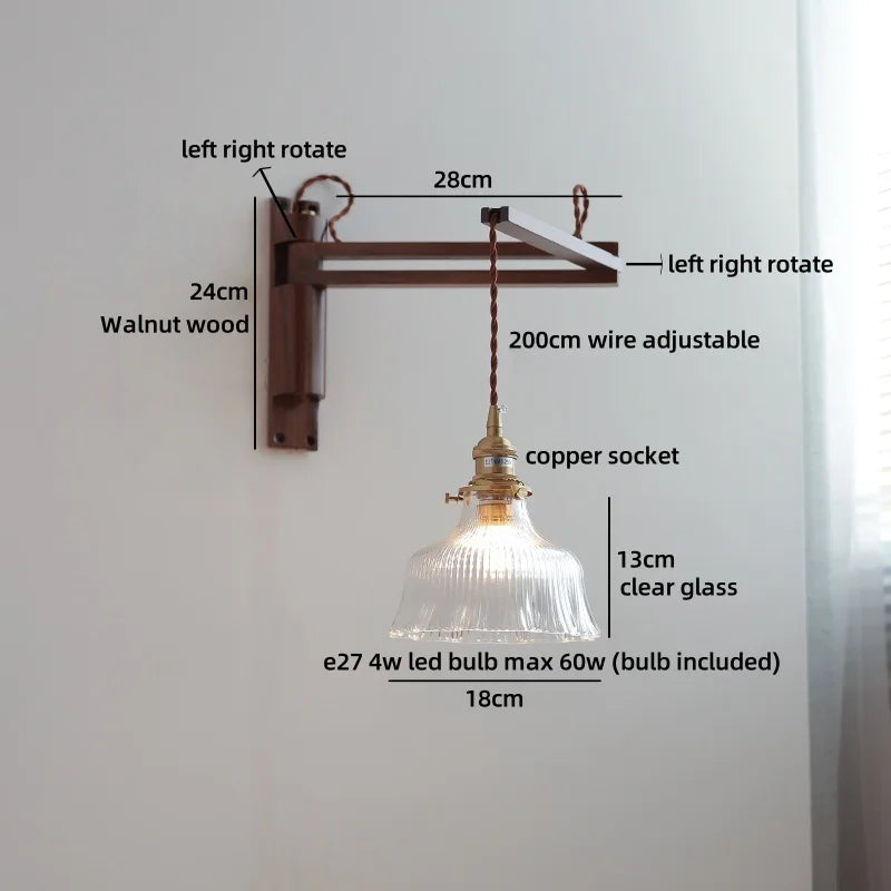Axyaa Clear Glass LED Wall Sconce with Arm, Black Walnut Wood Stair Light