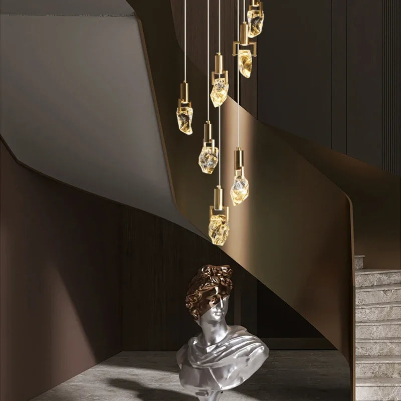 Axyaa LED Diamond Crystal Chandelier for Living Room Staircase - Gold Luminaire