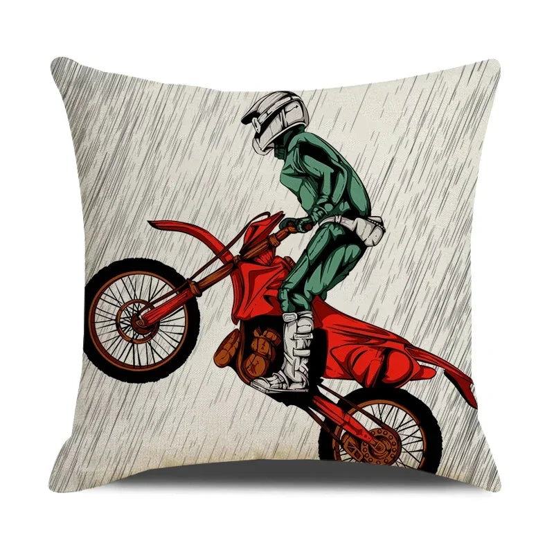 Retro Motorcycle Girls Linen Pillow Cover by Axyaa