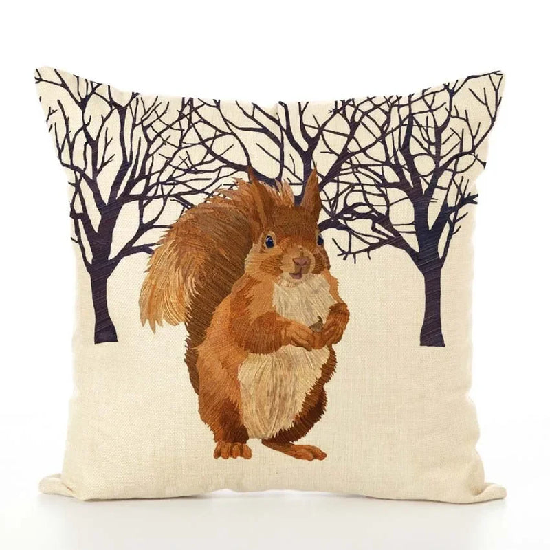 Squirrel Bird Bear Fox Animal Printed Cotton Linen Pillowcase by Axyaa