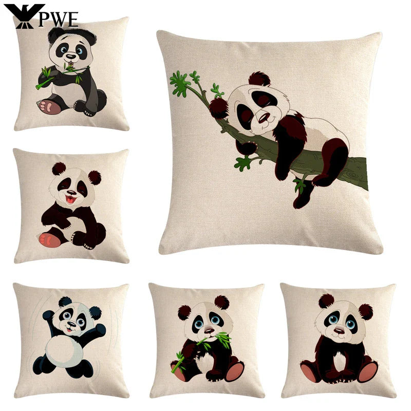 Axyaa Cartoon Panda Print Linen Pillowcase 45x45cm Square Home Sofa Decoration Cover