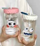 Axyaa Cute Expression Glass Water Bottle With Straw, Portable Drinking Bottle