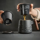 Axyaa Ceramic Tea Mug with Strainer, Lid & Wooden Handle - Unique Gift for Dad