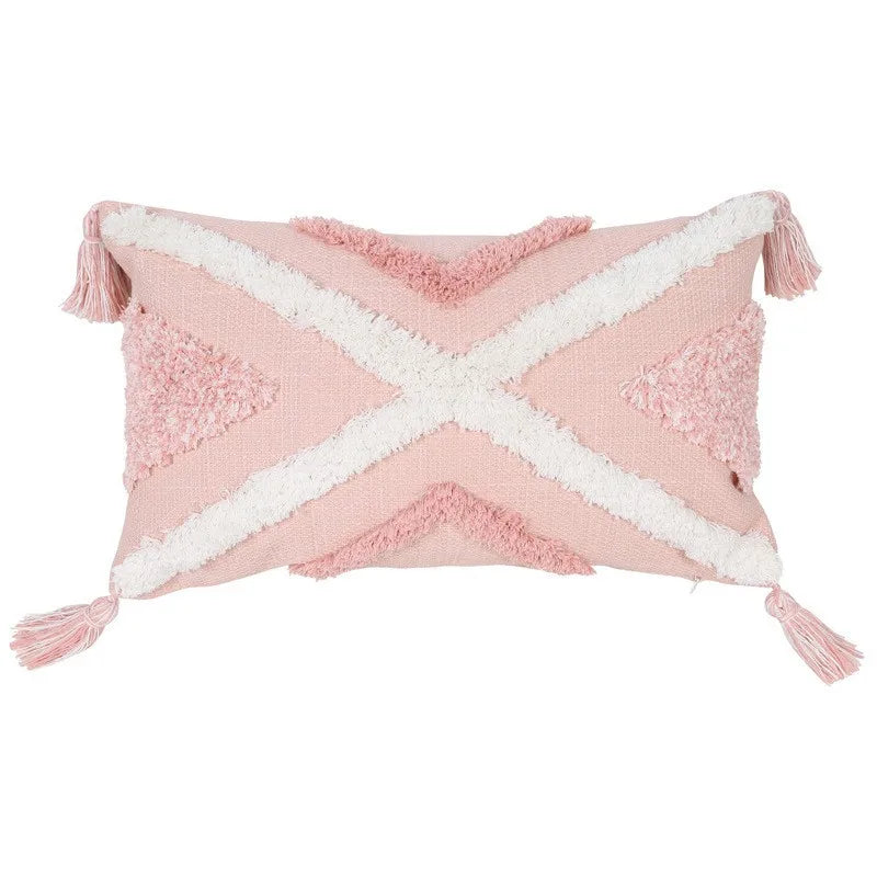 Bohemian Pink Geometric Tassel Throw Pillow Cover for Living Room Sofa by Axyaa